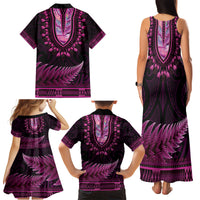 Pink African Dashiki With Aotearoa Maori Family Matching Tank Maxi Dress and Hawaiian Shirt Paua Shell Mix Silver Fern LT14 - Polynesian Pride