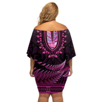 Pink African Dashiki With Aotearoa Maori Off Shoulder Short Dress Paua Shell Mix Silver Fern LT14 - Polynesian Pride