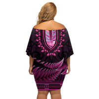 Pink African Dashiki With Aotearoa Maori Off Shoulder Short Dress Paua Shell Mix Silver Fern