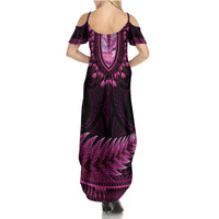 Pink African Dashiki With Aotearoa Maori Summer Maxi Dress Paua Shell Mix Silver Fern LT14 - Polynesian Pride