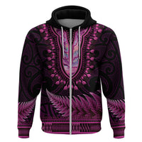 Pink African Dashiki With Aotearoa Maori Zip Hoodie Paua Shell Mix Silver Fern LT14 Zip Hoodie Pink - Polynesian Pride