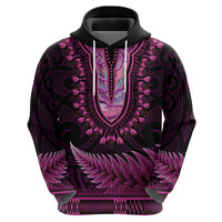Pink African Dashiki With Aotearoa Maori Zip Hoodie Paua Shell Mix Silver Fern LT14 - Polynesian Pride
