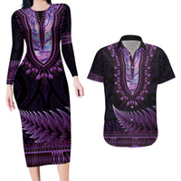 Purple African Dashiki With Aotearoa Maori Couples Matching Long Sleeve Bodycon Dress and Hawaiian Shirt Paua Shell Mix Silver Fern LT14 Purple - Polynesian Pride