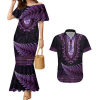 Purple African Dashiki With Aotearoa Maori Couples Matching Mermaid Dress and Hawaiian Shirt Paua Shell Mix Silver Fern LT14 Purple - Polynesian Pride