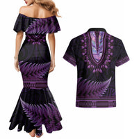 Purple African Dashiki With Aotearoa Maori Couples Matching Mermaid Dress and Hawaiian Shirt Paua Shell Mix Silver Fern LT14 - Polynesian Pride