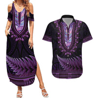 Purple African Dashiki With Aotearoa Maori Couples Matching Summer Maxi Dress and Hawaiian Shirt Paua Shell Mix Silver Fern LT14 Purple - Polynesian Pride