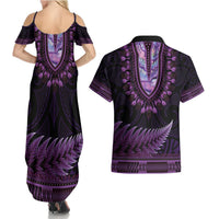 Purple African Dashiki With Aotearoa Maori Couples Matching Summer Maxi Dress and Hawaiian Shirt Paua Shell Mix Silver Fern LT14 - Polynesian Pride