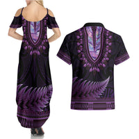 Purple African Dashiki With Aotearoa Maori Couples Matching Summer Maxi Dress and Hawaiian Shirt Paua Shell Mix Silver Fern