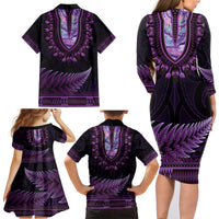 Purple African Dashiki With Aotearoa Maori Family Matching Long Sleeve Bodycon Dress and Hawaiian Shirt Paua Shell Mix Silver Fern LT14 - Polynesian Pride