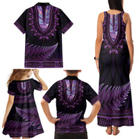 Purple African Dashiki With Aotearoa Maori Family Matching Tank Maxi Dress and Hawaiian Shirt Paua Shell Mix Silver Fern LT14 - Polynesian Pride
