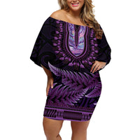Purple African Dashiki With Aotearoa Maori Off Shoulder Short Dress Paua Shell Mix Silver Fern LT14 Women Purple - Polynesian Pride
