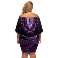 Purple African Dashiki With Aotearoa Maori Off Shoulder Short Dress Paua Shell Mix Silver Fern LT14 - Polynesian Pride
