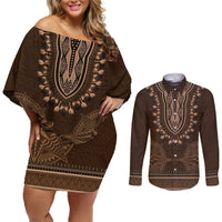 Brown African Dashiki With Tonga Ngatu Pattern Couples Matching Off Shoulder Short Dress and Long Sleeve Button Shirt LT14 Brown - Polynesian Pride