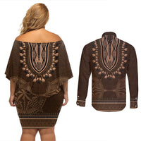 Brown African Dashiki With Tonga Ngatu Pattern Couples Matching Off Shoulder Short Dress and Long Sleeve Button Shirt LT14 - Polynesian Pride