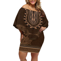 Brown African Dashiki With Tonga Ngatu Pattern Off Shoulder Short Dress LT14 Women Brown - Polynesian Pride