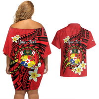 Personalised Tonga Emancipation Day Couples Matching Off Shoulder Short Dress and Hawaiian Shirt Tongan Ngatu Pattern - Red Version LT14 - Polynesian Pride