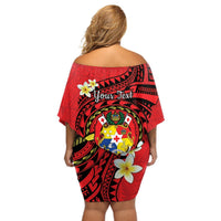 Personalised Tonga Emancipation Day Off Shoulder Short Dress Tongan Ngatu Pattern - Red Version LT14 - Polynesian Pride