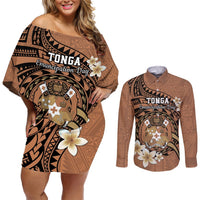 Personalised Tonga Emancipation Day Couples Matching Off Shoulder Short Dress and Long Sleeve Button Shirt Tongan Ngatu Pattern - Brown Version LT14 Brown - Polynesian Pride
