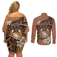 Personalised Tonga Emancipation Day Couples Matching Off Shoulder Short Dress and Long Sleeve Button Shirt Tongan Ngatu Pattern - Brown Version LT14 - Polynesian Pride