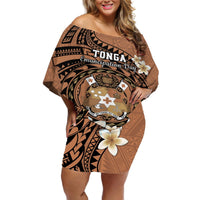 Personalised Tonga Emancipation Day Off Shoulder Short Dress Tongan Ngatu Pattern - Brown Version LT14 Women Brown - Polynesian Pride
