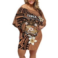Personalised Tonga Emancipation Day Off Shoulder Short Dress Tongan Ngatu Pattern - Brown Version