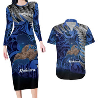New Zealand Stewart Island Couples Matching Long Sleeve Bodycon Dress and Hawaiian Shirt Rakiura Kiwi Maori Glowing Sky LT14 Blue - Polynesian Pride