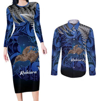 New Zealand Stewart Island Couples Matching Long Sleeve Bodycon Dress and Long Sleeve Button Shirt Rakiura Kiwi Maori Glowing Sky LT14 Blue - Polynesian Pride