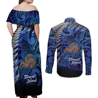 New Zealand Stewart Island Couples Matching Off Shoulder Maxi Dress and Long Sleeve Button Shirt Rakiura Kiwi Maori Glowing Sky LT14 - Polynesian Pride