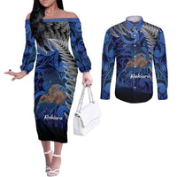 New Zealand Stewart Island Couples Matching Off The Shoulder Long Sleeve Dress and Long Sleeve Button Shirt Rakiura Kiwi Maori Glowing Sky LT14 Blue - Polynesian Pride