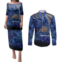 New Zealand Stewart Island Couples Matching Puletasi and Long Sleeve Button Shirt Rakiura Kiwi Maori Glowing Sky LT14 Blue - Polynesian Pride