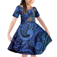 New Zealand Stewart Island Family Matching Off Shoulder Short Dress and Hawaiian Shirt Rakiura Kiwi Maori Glowing Sky LT14 Daughter's Dress Blue - Polynesian Pride
