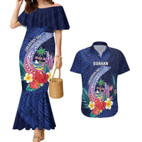 Personalised Guam Liberation Day Couples Matching Mermaid Dress and Hawaiian Shirt Happy 80th Anniversary Fish Hook Mix Tropical Flowers LT14 Blue - Polynesian Pride