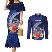 Personalised Guam Liberation Day Couples Matching Mermaid Dress and Long Sleeve Button Shirt Happy 80th Anniversary Fish Hook Mix Tropical Flowers LT14 Blue - Polynesian Pride