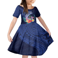 Personalised Guam Liberation Day Family Matching Off The Shoulder Long Sleeve Dress and Hawaiian Shirt Happy 80th Anniversary Fish Hook Mix Tropical Flowers LT14 Daughter's Dress Blue - Polynesian Pride