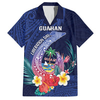 Personalised Guam Liberation Day Family Matching Off The Shoulder Long Sleeve Dress and Hawaiian Shirt Happy 80th Anniversary Fish Hook Mix Tropical Flowers LT14 Dad's Shirt - Short Sleeve Blue - Polynesian Pride