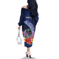 Personalised Guam Liberation Day Family Matching Off The Shoulder Long Sleeve Dress and Hawaiian Shirt Happy 80th Anniversary Fish Hook Mix Tropical Flowers LT14 - Polynesian Pride