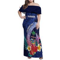 Personalised Guam Liberation Day Family Matching Off Shoulder Maxi Dress and Hawaiian Shirt Happy 80th Anniversary Fish Hook Mix Tropical Flowers LT14 Mom's Dress Blue - Polynesian Pride