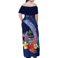 Personalised Guam Liberation Day Family Matching Off Shoulder Maxi Dress and Hawaiian Shirt Happy 80th Anniversary Fish Hook Mix Tropical Flowers LT14 - Polynesian Pride