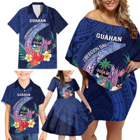 Personalised Guam Liberation Day Family Matching Off Shoulder Short Dress and Hawaiian Shirt Happy 80th Anniversary Fish Hook Mix Tropical Flowers LT14 - Polynesian Pride