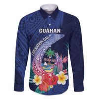 Personalised Guam Liberation Day Family Matching Off Shoulder Short Dress and Hawaiian Shirt Happy 80th Anniversary Fish Hook Mix Tropical Flowers LT14 Dad's Shirt - Long Sleeve Blue - Polynesian Pride