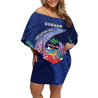 Personalised Guam Liberation Day Off Shoulder Short Dress Happy 80th Anniversary Fish Hook Mix Tropical Flowers LT14 Women Blue - Polynesian Pride
