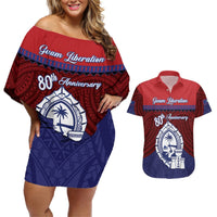 Guam Liberation Day Couples Matching Off Shoulder Short Dress and Hawaiian Shirt Biba Guahan Chamorro 80th Anniversary - Blue LT14 Blue - Polynesian Pride