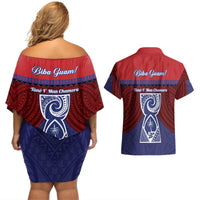 Guam Liberation Day Couples Matching Off Shoulder Short Dress and Hawaiian Shirt Biba Guahan Chamorro 80th Anniversary - Blue LT14 - Polynesian Pride