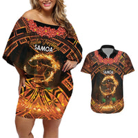 Samoa Teuila 2024 Festival Couples Matching Off Shoulder Short Dress and Hawaiian Shirt Samoan Siva Afi With Red Gingers LT14 Black - Polynesian Pride