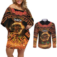 Samoa Teuila 2024 Festival Couples Matching Off Shoulder Short Dress and Long Sleeve Button Shirt Samoan Siva Afi With Red Gingers LT14 Black - Polynesian Pride