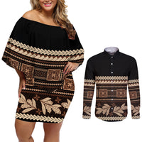 Black Samoa Siapo Teuila Flowers Couples Matching Off Shoulder Short Dress and Long Sleeve Button Shirt LT14 Black - Polynesian Pride