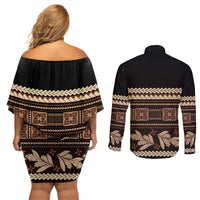 Black Samoa Siapo Teuila Flowers Couples Matching Off Shoulder Short Dress and Long Sleeve Button Shirt LT14 - Polynesian Pride