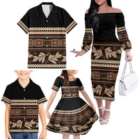 Black Samoa Siapo Teuila Flowers Family Matching Off The Shoulder Long Sleeve Dress and Hawaiian Shirt LT14 - Polynesian Pride
