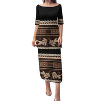 Black Samoa Siapo Teuila Flowers Puletasi LT14 Long Dress Black - Polynesian Pride