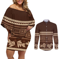 Brown Samoa Siapo Teuila Flowers Couples Matching Off Shoulder Short Dress and Long Sleeve Button Shirt LT14 Brown - Polynesian Pride